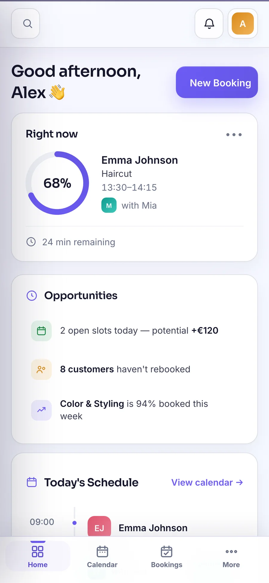 The same workspace on a phone: the booking running right now, the day's open slots and rebooking opportunities, and the schedule below.